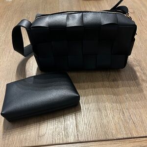 Designer Inspired Black Woven Purse with Small Extra Pouch